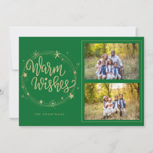 Warm Wishes & Stars Green & Gold 2 Photos Holiday Card
