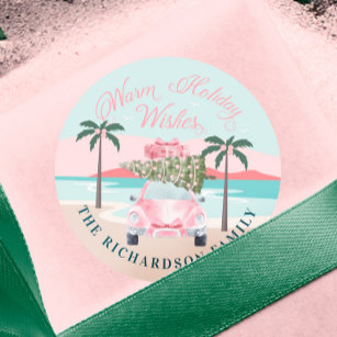 Warm Wishes Tropical Palm Trees & Pink Retro Car Classic Round Sticker