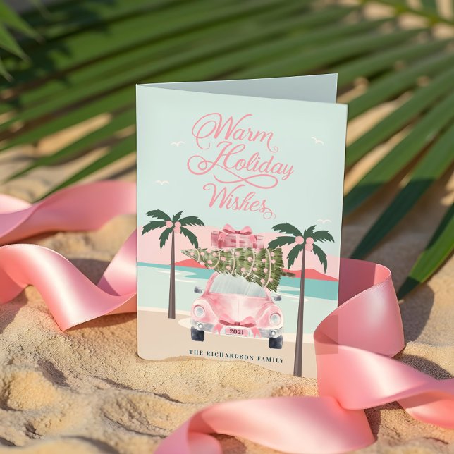 Warm Wishes Tropical Palm Trees & Pink Retro Car Holiday Card (Warm Wishes Tropical Palm Trees & Pink Retro Car Holiday Card)