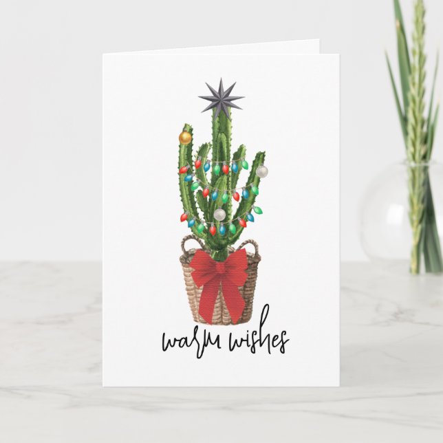 Warm Wishes Watercolor Cactus Houseplant Christmas Holiday Card (Front)