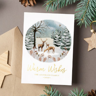 Warm Wishes Woodland Deer Winter Scene Non-Photo Foil Holiday Card