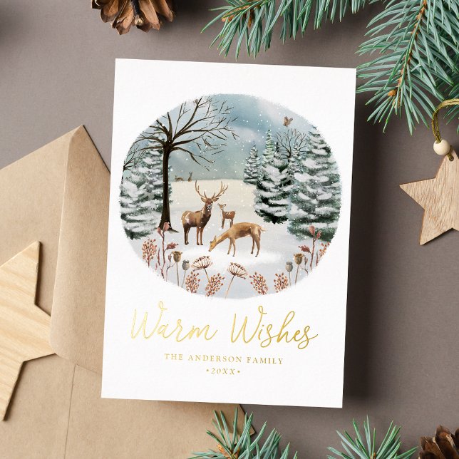 Warm Wishes Woodland Deer Winter Scene Non-Photo Foil Holiday Card (Creator Uploaded)
