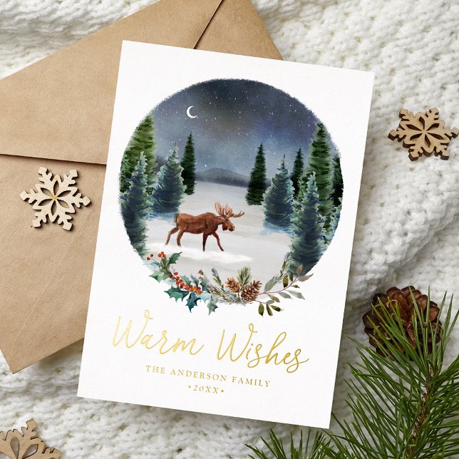 Warm Wishes Woodland Moose Winter Scene Non-Photo Foil Holiday Card (Creator Uploaded)