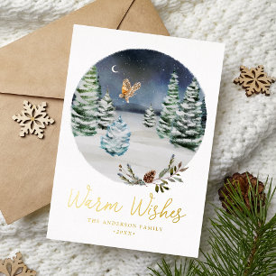 Warm Wishes Woodland Owl Winter Scene Non-Photo Foil Holiday Card