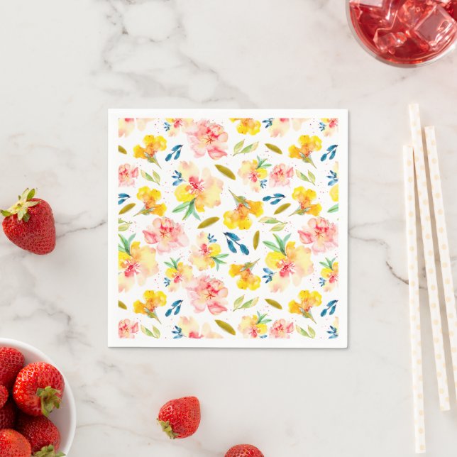 Warm Yellow and Pink Watercolor Floral Napkin (Insitu)