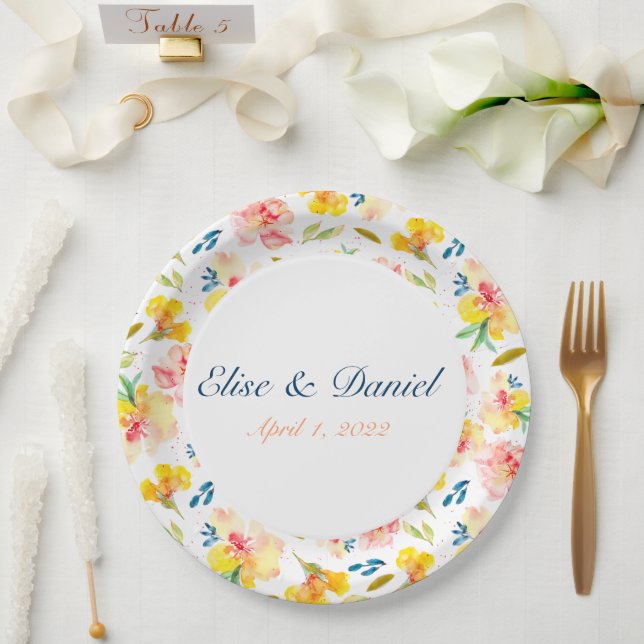 Warm Yellow and Pink Watercolor Floral Plates (Wedding)