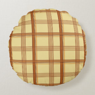 Warm Yellow Brown Plaid Aesthetic Round Cushion