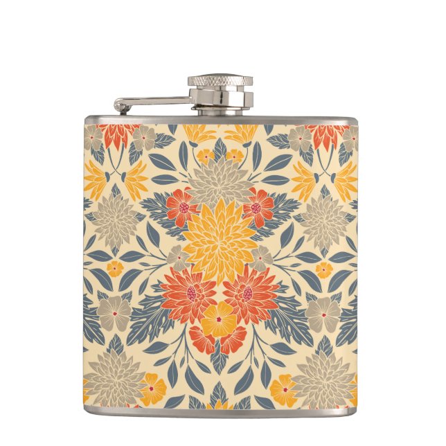 Warm Yellow, Orange & Blue Floral Hip Flask (Front)