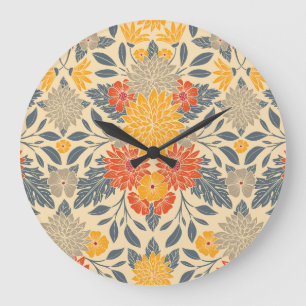 Warm Yellow, Orange & Blue Floral Large Clock