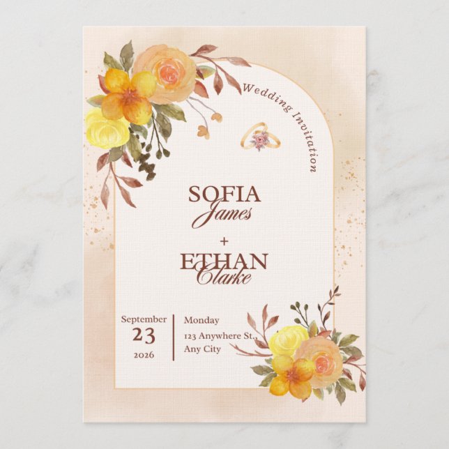 Warm Yellow & Peach Floral Wedding Invitation  (Front)
