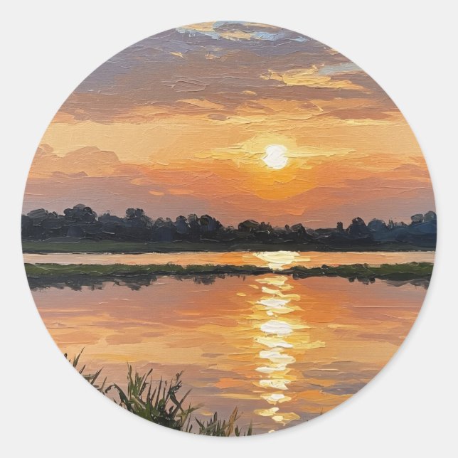 Warm Yellow Sunset by Lake Classic Round Sticker (Front)
