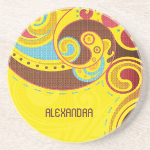 Warm &Yellow Tones Abstract Swirls-Monogram Coaster