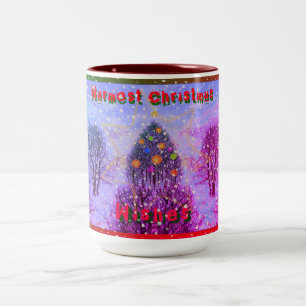 Warmest Christmas Wishes Colourful Tree Snow Two-Tone Coffee Mug