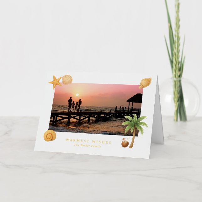 Warmest Wishes Beach Photo Modern Christmas Foil Holiday Card (Front)