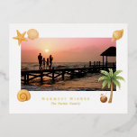 Warmest Wishes Beach Photo Modern Christmas Foil Holiday Postcard<br><div class="desc">Modern foil Christmas postcard featuring a simple and fun design with a starfish,  palm tree,  coconut drink and seashells accenting your favourite beach photo along with the greeting "Warmest Wishes".</div>