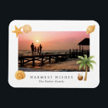 Warmest Wishes Beach Photo Modern Christmas Magnet<br><div class="desc">Modern Christmas magnet featuring a simple and fun design with a starfish,  palm tree,  coconut drink and seashells accenting your favourite beach photo along with the greeting "Warmest Wishes" and your name.</div>