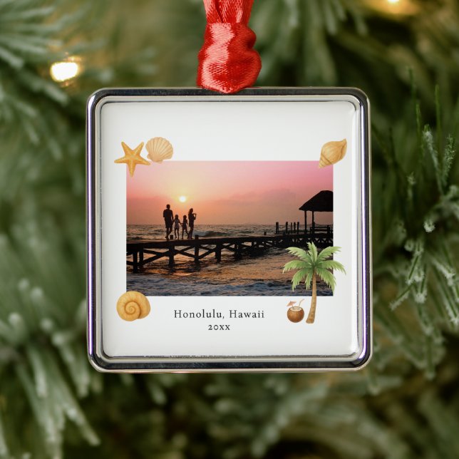 Warmest Wishes Beach Photo Modern Christmas Metal Ornament (Tree)