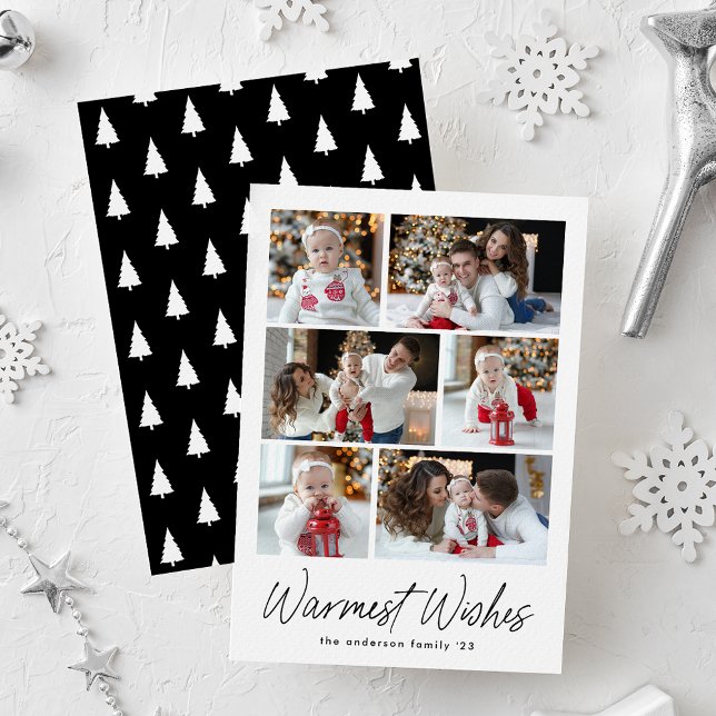 Warmest Wishes Black Script 6 Photo Collage Holiday Card (Creator Uploaded)