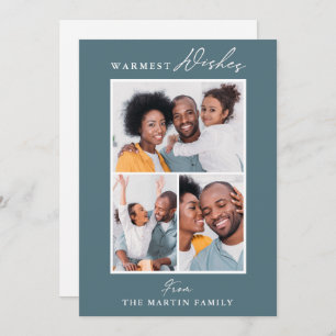 Warmest Wishes Blue Three Photo Collage Holiday Card