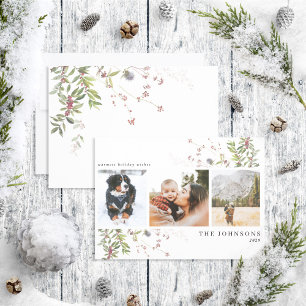 Warmest Wishes Botanical 3 Photo Holiday Card