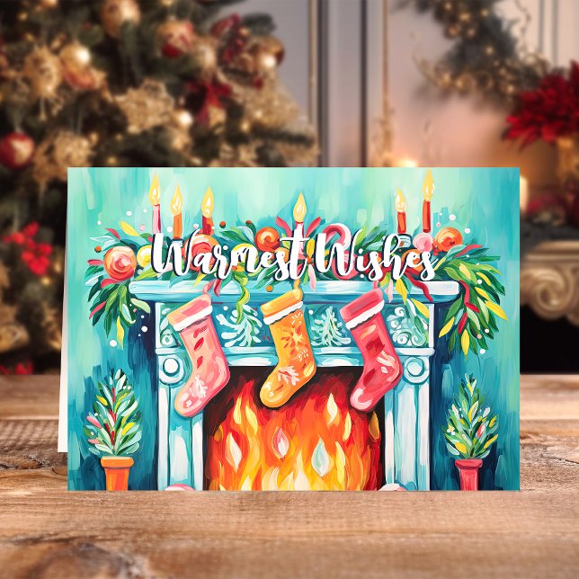Warmest Wishes Cosy Watercolor Fireplace Christmas Holiday Card (Creator Uploaded)