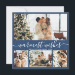 Warmest Wishes Elegant 4 Photo Collage Christmas H Holiday Card<br><div class="desc">Elegant Calligraphy Minimalist 4 Photo Collage Warmest Wishes Script Christmas Holiday Card in dusty navy blue. This festive, mimimalist, whimsical four (4) photo holiday card template features a pretty photo collage and says „Warmest Wishes”. The text is written in a beautiful hand lettered cursive, swirly swash-tail font type. On the...</div>
