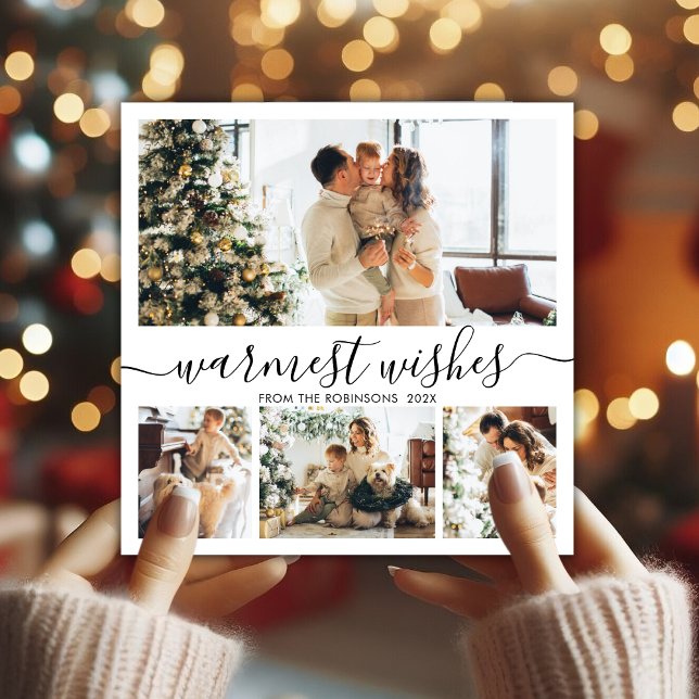 Warmest Wishes Elegant 4 Photo Collage Christmas Holiday Card (Creator Uploaded)