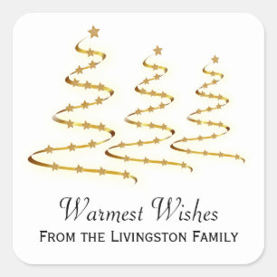 Warmest Wishes Gold Ribbon Christmas Trees Square Sticker