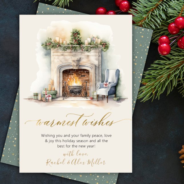 Warmest Wishes Gold Script Fireplace Non Photo Holiday Card (Creator Uploaded)