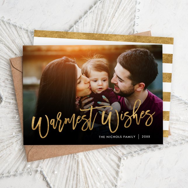 Warmest Wishes Gold Script Photo Overlay Holiday Card (Creator Uploaded)