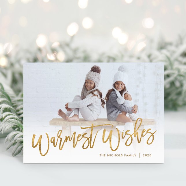 Warmest Wishes Gold Script Photo Overlay Holiday Card (Creator Uploaded)