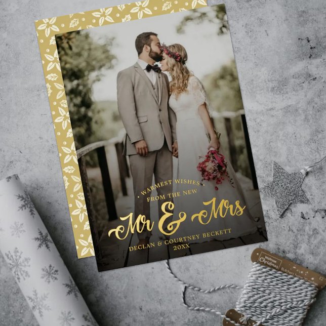 Warmest Wishes New Mr & Mrs Wedding Photo Real Foil Holiday Card (Creator Uploaded)
