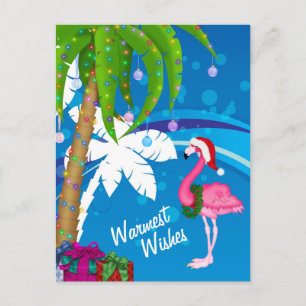 Warmest Wishes Palm Trees Flamingo Beach Christmas Holiday Postcard