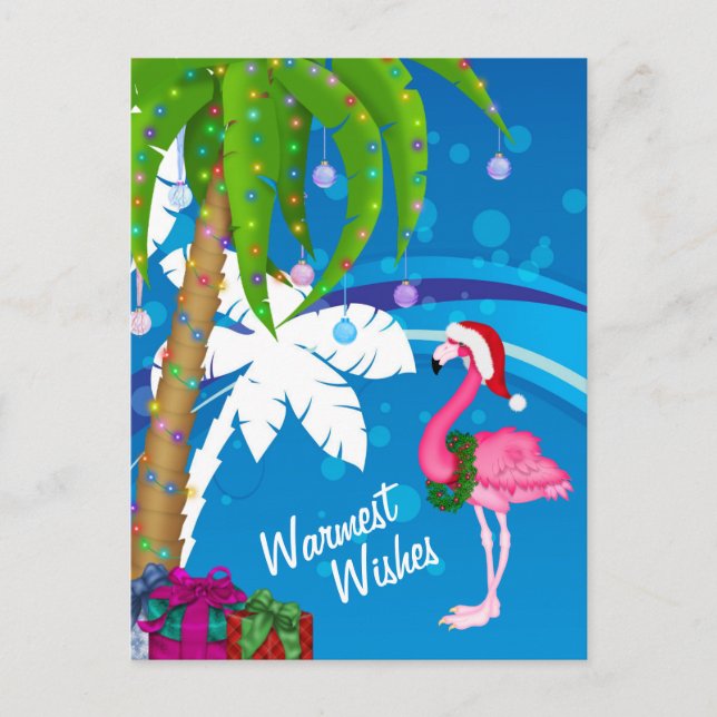 Warmest Wishes Palm Trees Flamingo Beach Christmas Holiday Postcard (Front)