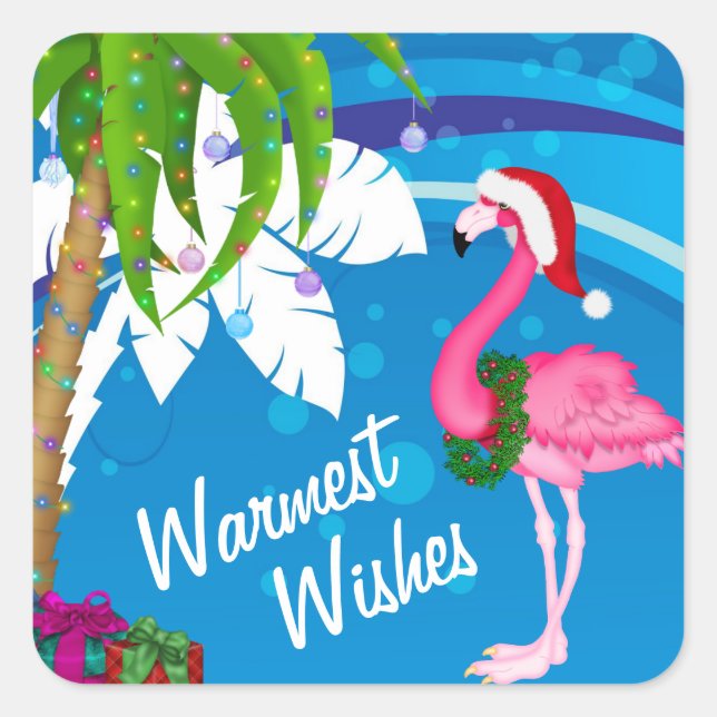 Warmest Wishes Palm Trees Flamingo Beach Christmas Square Sticker (Front)