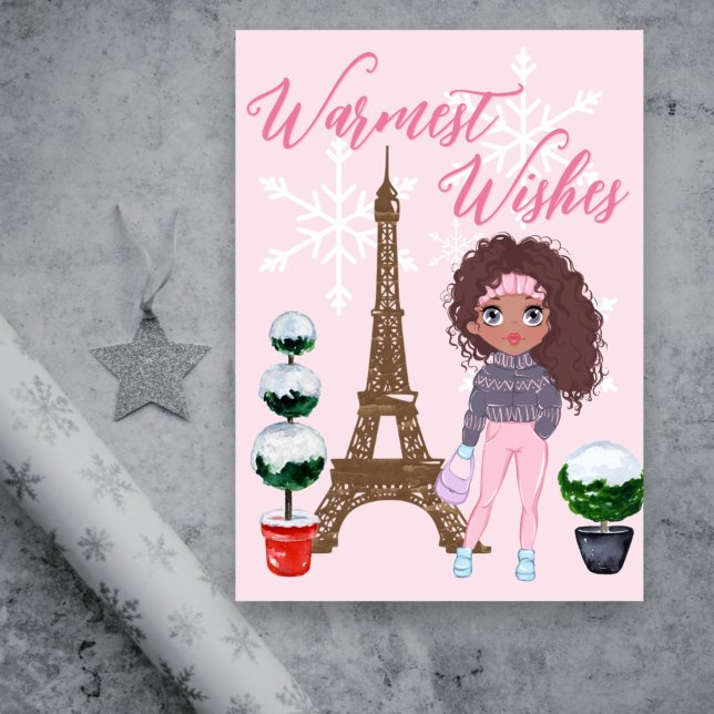 Warmest Wishes Paris Eiffel Tower Pink Christmas Holiday Card (Creator Uploaded)