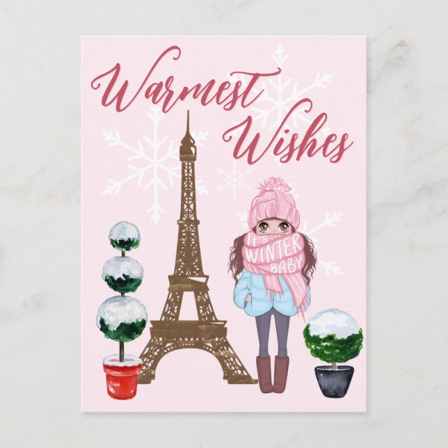 Warmest Wishes Paris Eiffel Tower Pink Christmas Postcard (Front)