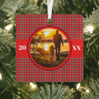 Warmest Wishes Red Plaid Photo Metal Tree Decoration