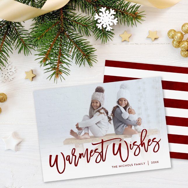 Warmest Wishes Red Script Photo Overlay Holiday Card (Creator Uploaded)