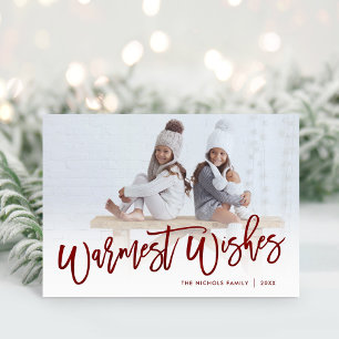 Warmest Wishes Red Script Photo Overlay Holiday Card