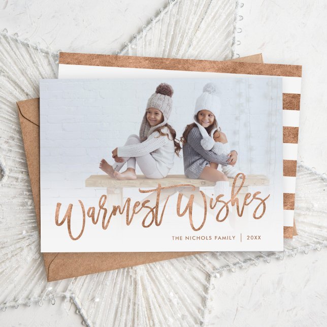 Warmest Wishes Rose Gold Script Photo Overlay Holiday Card (Creator Uploaded)