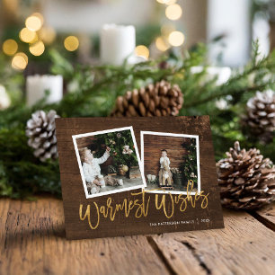 Warmest Wishes Rustic Gold Script Photo Holiday Card