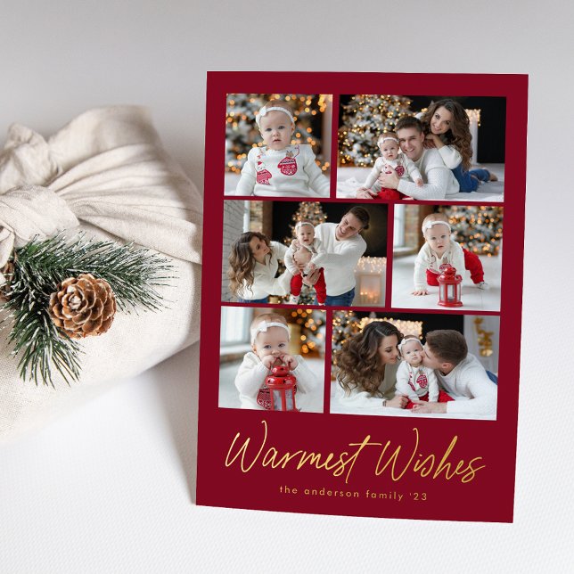 Warmest Wishes Script Cranberry 6 Photo Collage Foil Holiday Card (Creator Uploaded)