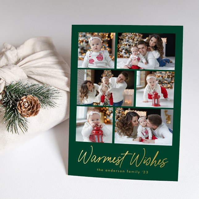 Warmest Wishes Script Green 6 Photo Collage Foil Holiday Card (Creator Uploaded)