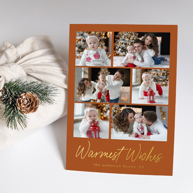 Warmest Wishes Script Terracotta 6 Photo Collage Foil Holiday Card (Creator Uploaded)