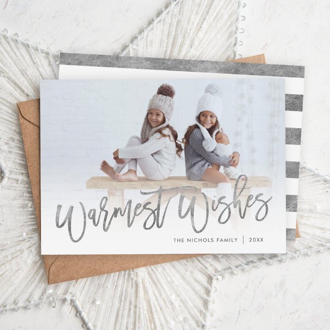 Warmest Wishes Silver Script Photo Overlay Holiday Card (Creator Uploaded)