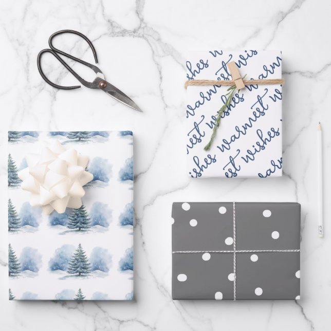 Warmest Wishes Snow Covered Evergreen Tree Wrapping Paper Sheet (Front)