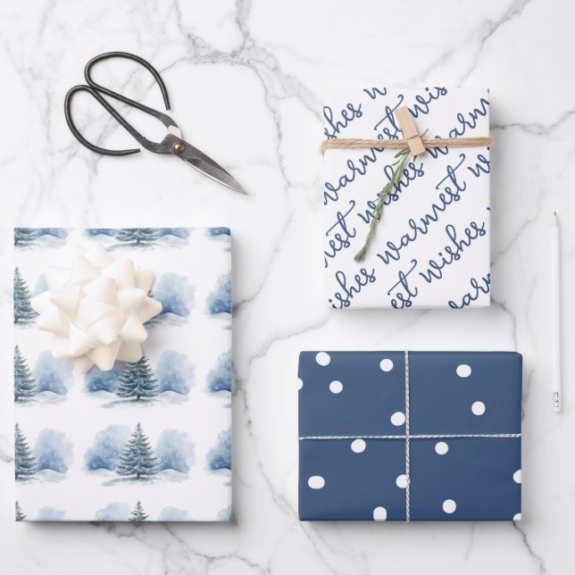 Warmest Wishes Snow Covered Evergreen Tree Wrapping Paper Sheet (Front)