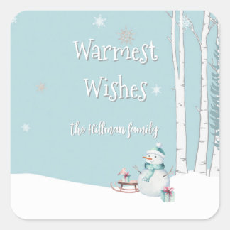 Warmest Wishes Snowman Sled Gifts Personalised Square Sticker