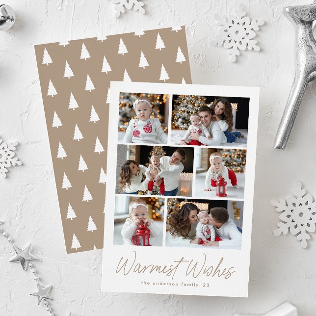 Warmest Wishes Taupe Script 6 Photo Collage Holiday Card (Creator Uploaded)